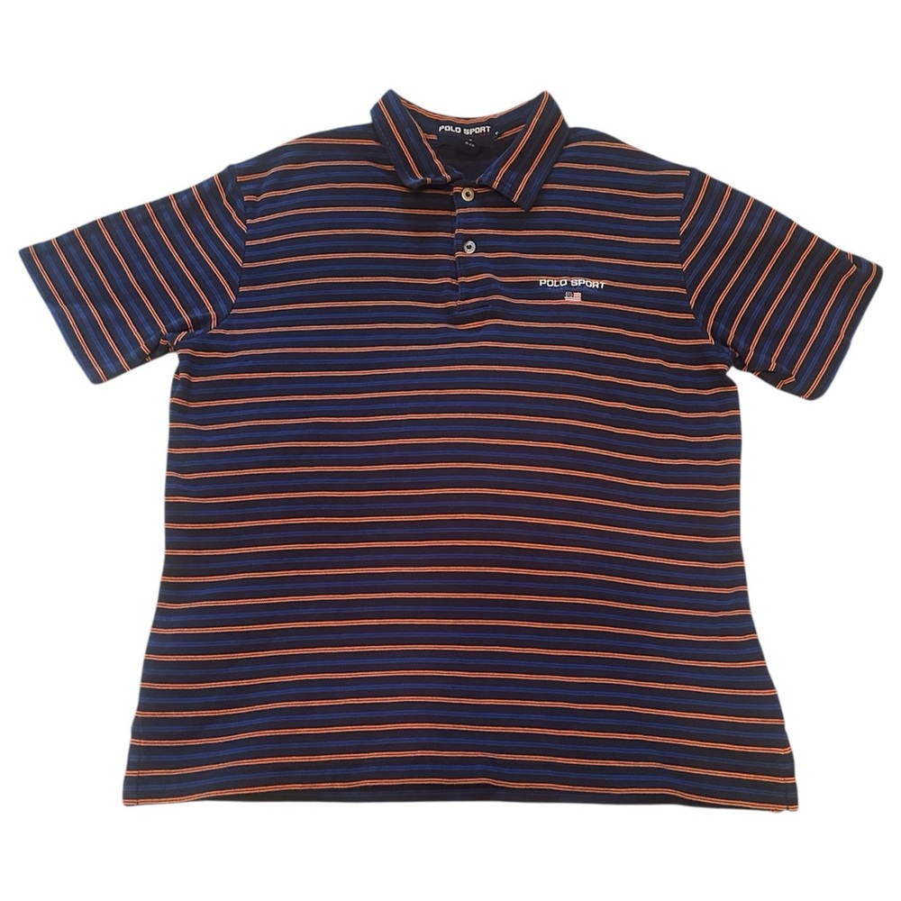 Vintage Polo Sport Ralph Lauren Shirt Size XL Blue Orange Stripe 100% Cotton Top